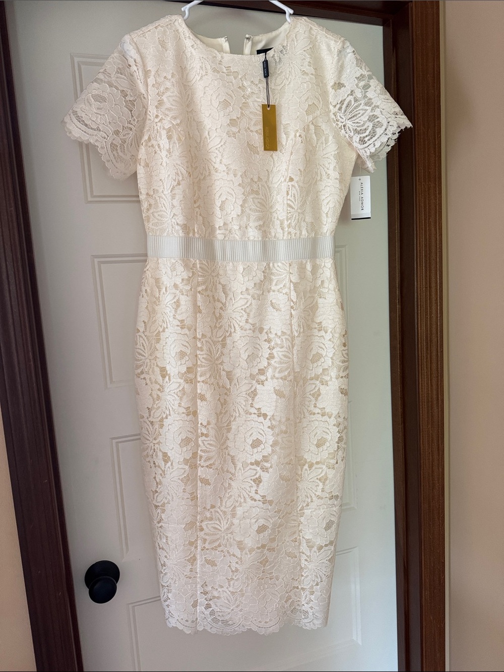 Alexia Admor Cream Lace Midi Dress with Ribbon Waist